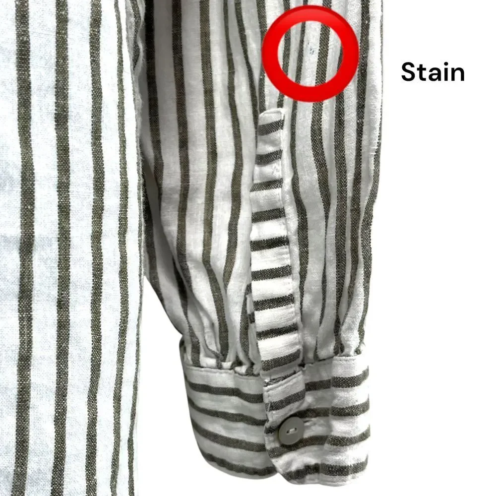 J. Jill Women's XL Petite Love Linen White/Gray Striped Long‎ Sleeve Shirt